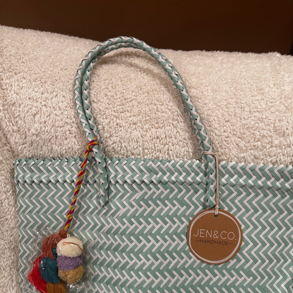 Mint Green Woven Tote with Chevron Pattern